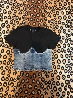 Black Denim Short Sleeve Crop Tee